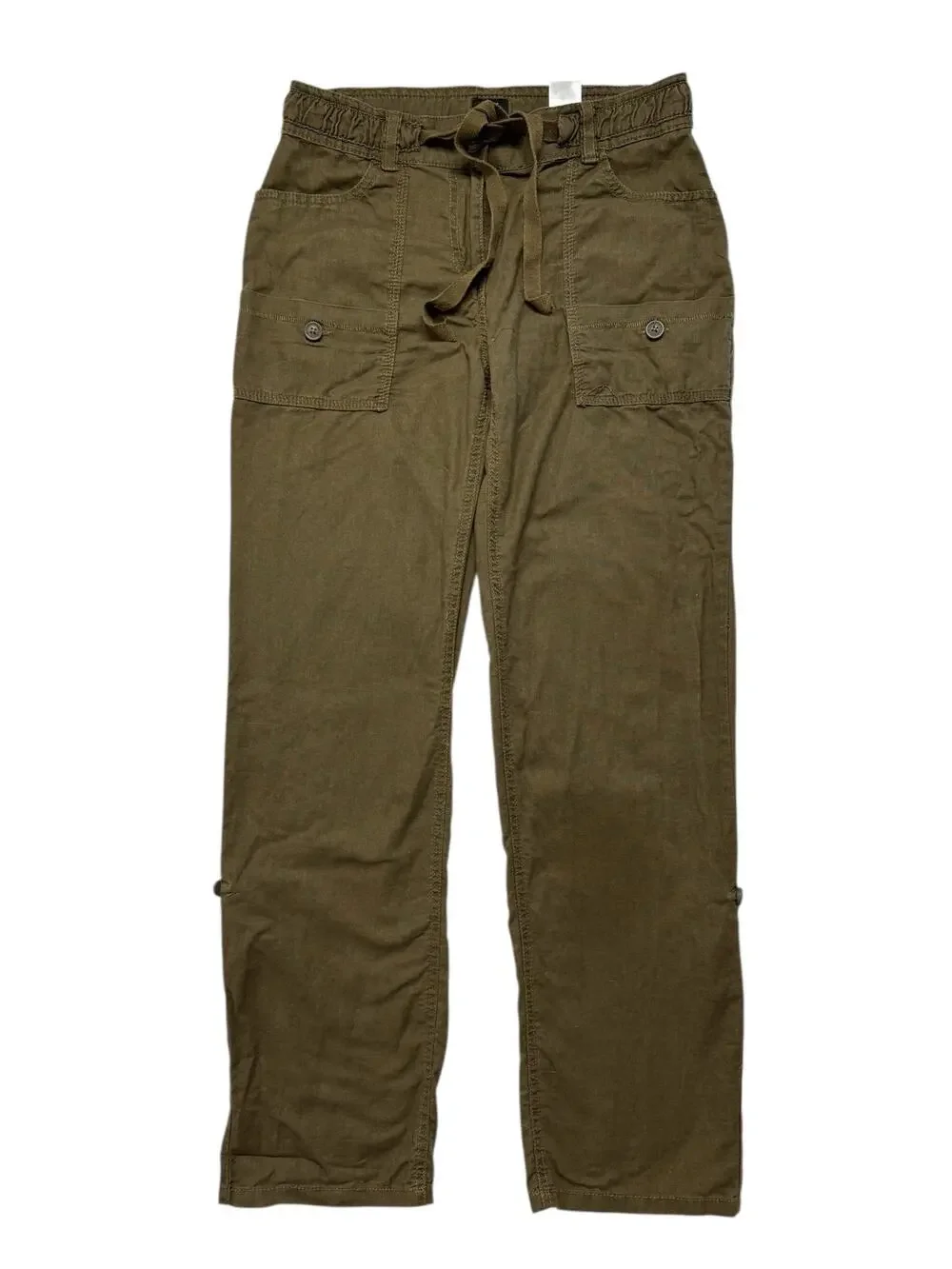 H&M Linen Blend Cargo Roll Tab Crop Pants in Olive Green Size 6 Womens Straight